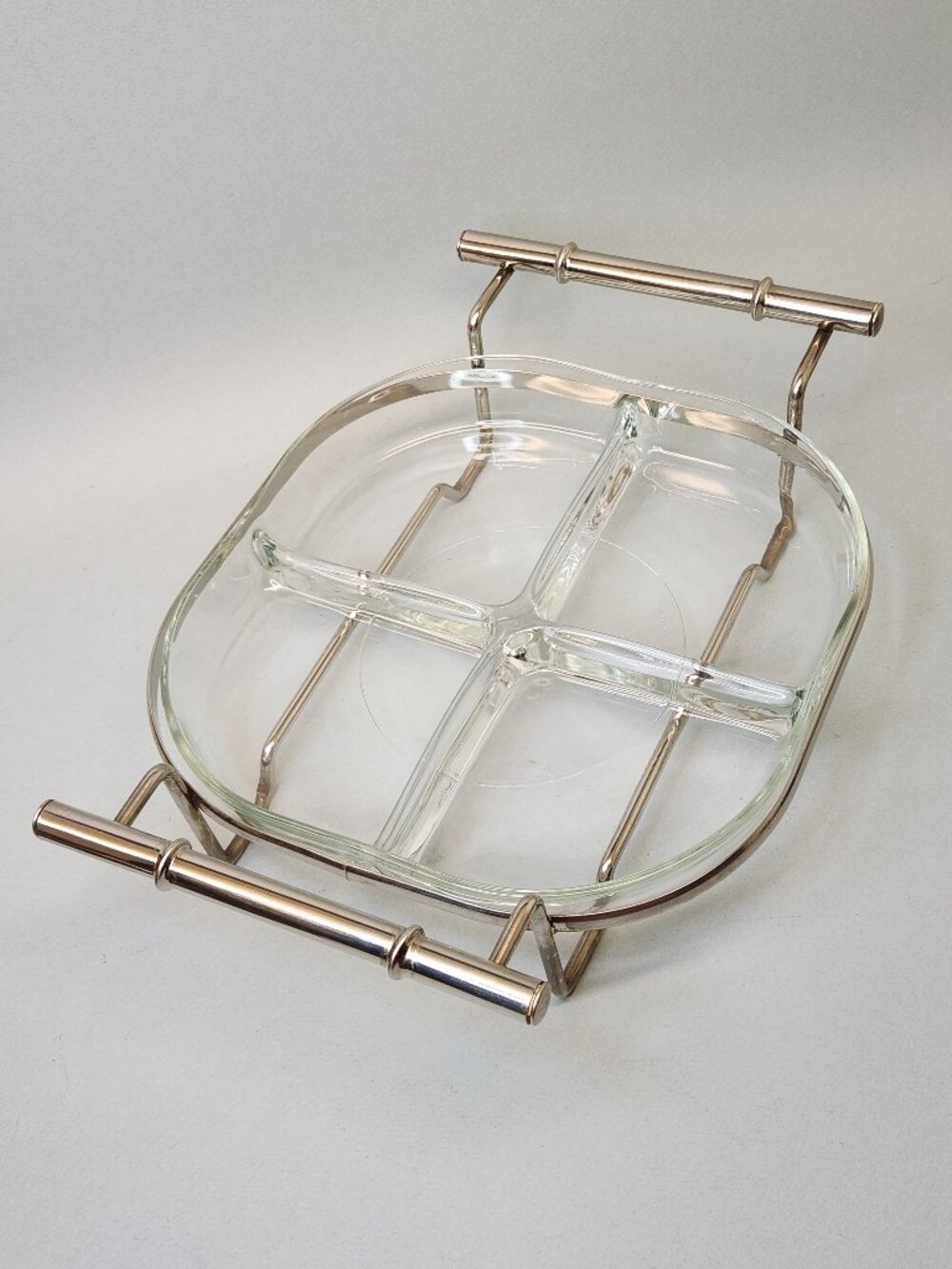 MCM Fidenza Vetraria Glass Divided Serving Dish with Silver Bamboo Handles